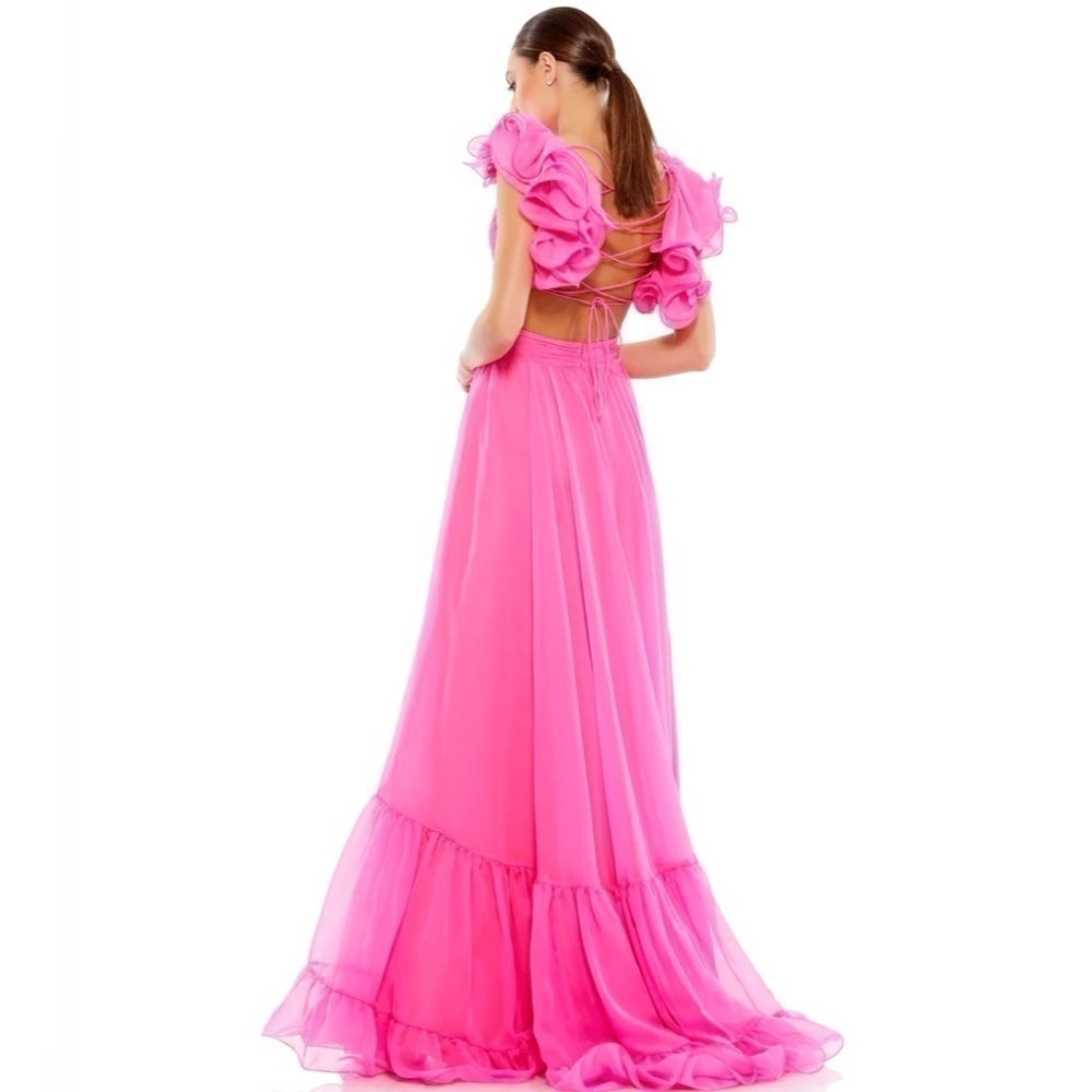 Mac Duggal Indy Chiffon Gown Maxi Backless Ruffles Pink Size 0 . X Small New - Picture 6 of 13